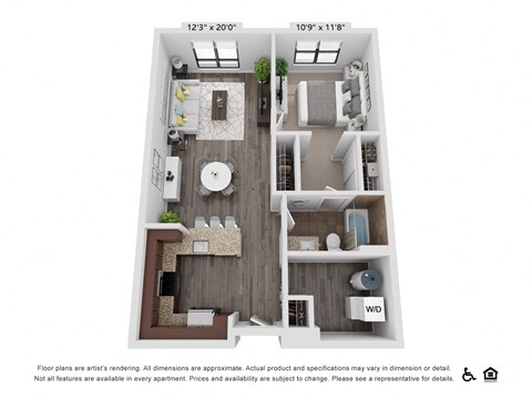 Floor plan for 1 bed, 1 bath, 777 sqft